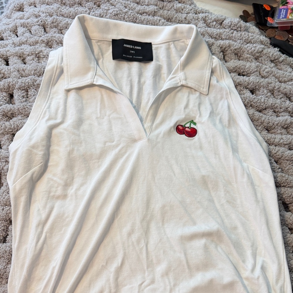 Jared Lang White Muscle Tee with Cherry Embroidery